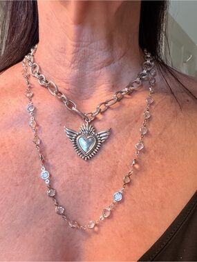 Layered Silver Winged Heart Necklace - Women Jewelry